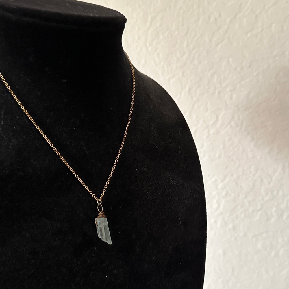 Gold Wire Wrapped Aquamarine Crystal Quartz Bullet Pendant w Gold Chain Necklace